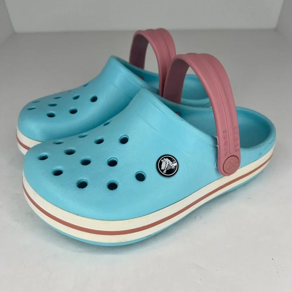 Crocs Unisex Ice Blue Pink Crocband Rubber Classic Solid Sandals Size 2 Clogs